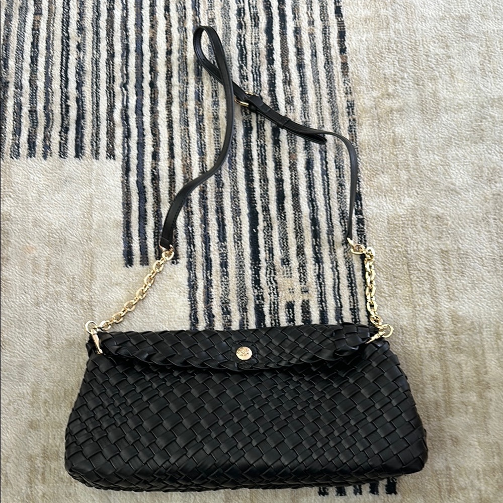 Black Woven Leather Crossbody Bag with Gold Chain